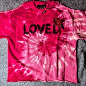 AUM Couture Pink Tie Dye Cold Shoulder Loved Sweatshirt Sequin Embellished Sz S